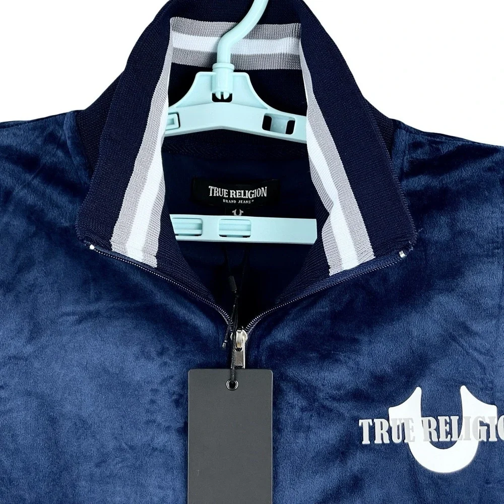 True Religion Men's Blue Velour World Tour Track Jacket Size Small Full Zip NWT